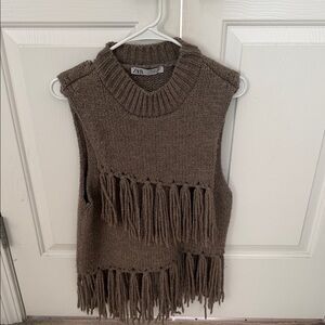 Zara Tan Fringe Sweater Vest
